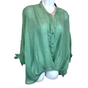 Favlux Fashion Button Front Pleated Hi-Low Shirt Top Womens Size M  Green Blouse